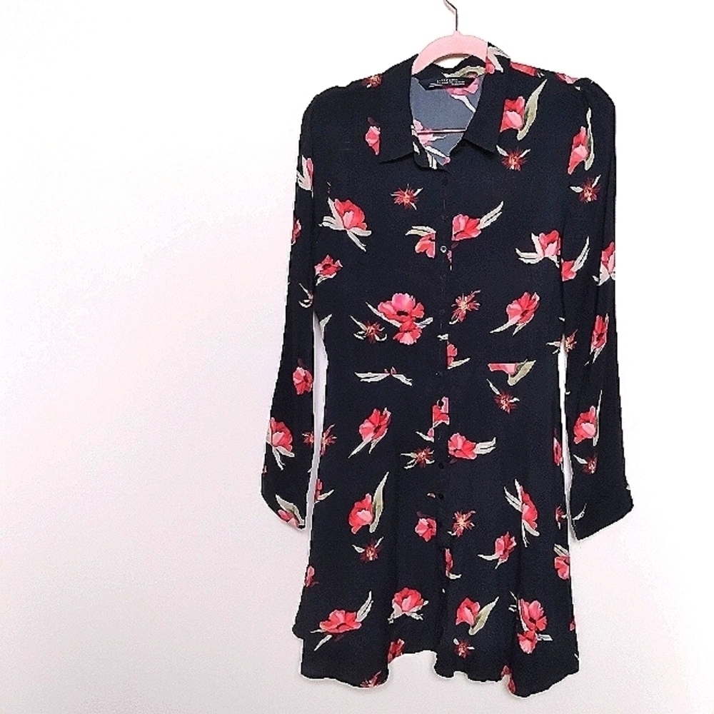 Zara Premium Denim Black and Red Floral Button Front Shirt Dress Size Medium
